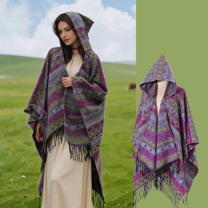 Buddha Stones Poncho con capucha, rayas geométricas y borlas para mujer, ideal para otoño e invierno. - Morado Rojo Amarillo - 140*159 cm - image 33