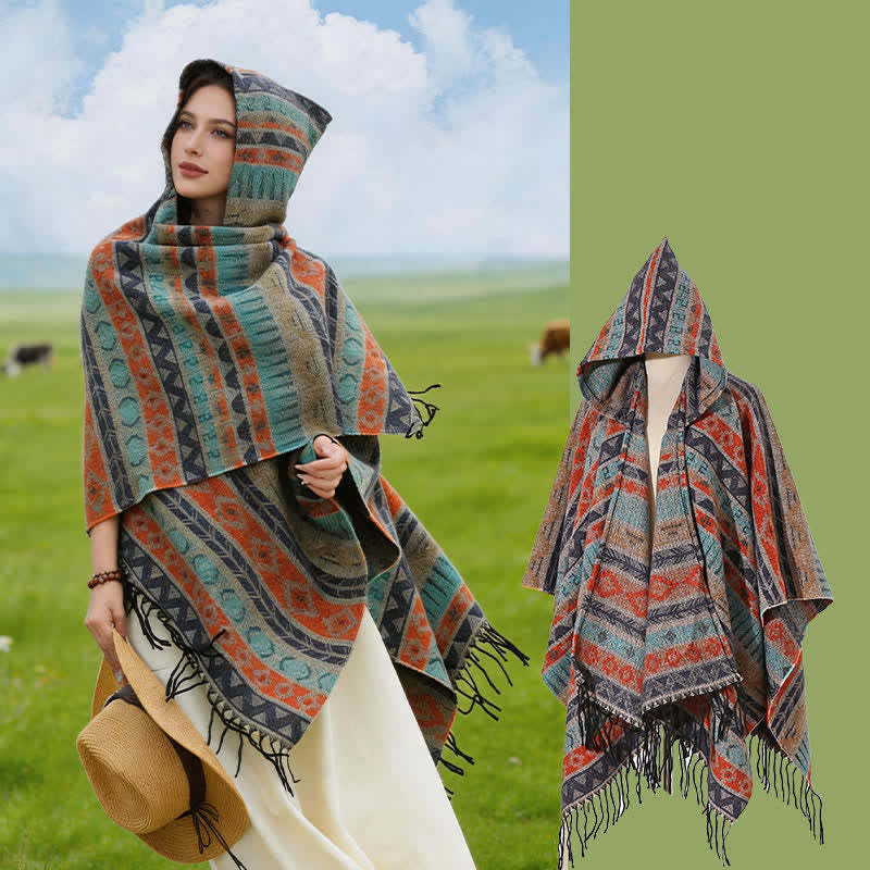 Buddha Stones Poncho con capucha, rayas geométricas y borlas para mujer, ideal para otoño e invierno. - Azul naranja - 140*159 cm - image 26