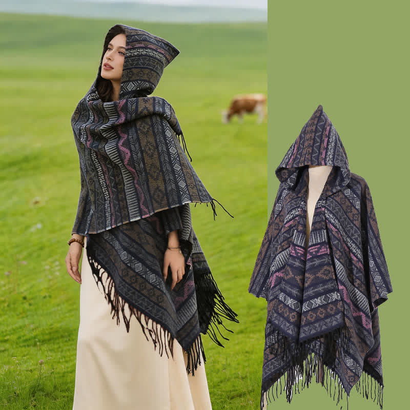 Buddha Stones Poncho con capucha, rayas geométricas y borlas para mujer, ideal para otoño e invierno. - Rosa grisáceo - 140*159 cm - image 15