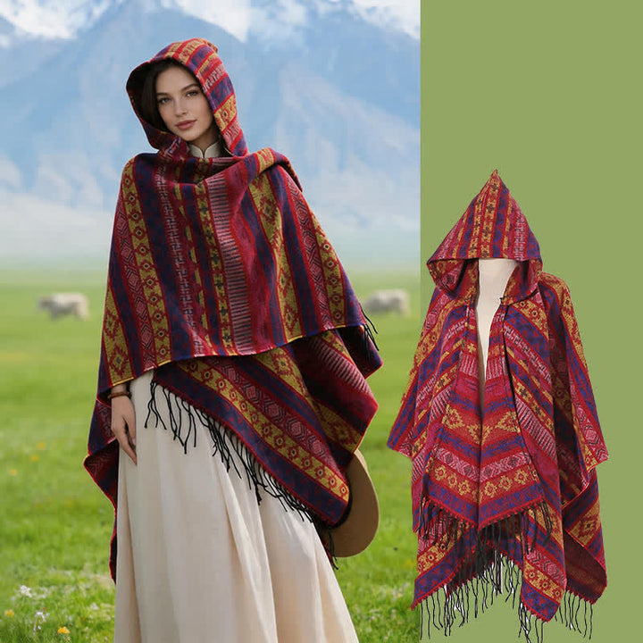 Buddha Stones Poncho con capucha, rayas geométricas y borlas para mujer, ideal para otoño e invierno. - Rojo - 140*159 cm - image 10