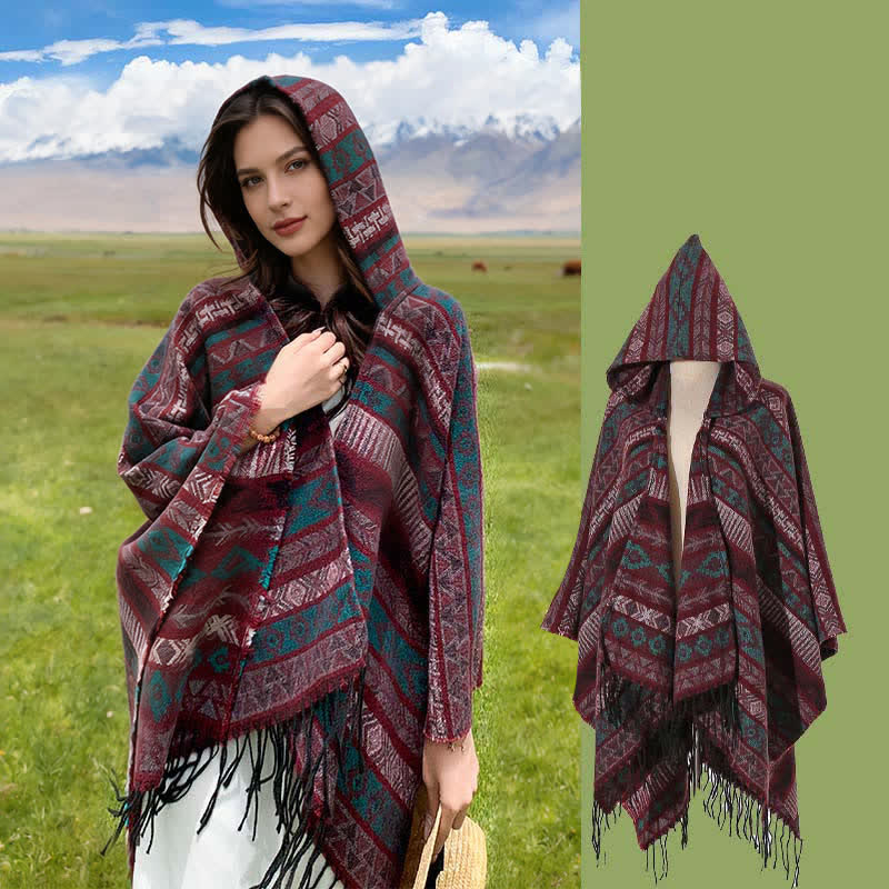 Buddha Stones Poncho con capucha, rayas geométricas y borlas para mujer, ideal para otoño e invierno. - borgoña - 140*159 cm - image 21
