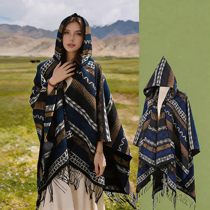 Buddha Stones Poncho con capucha, rayas geométricas y borlas para mujer, ideal para otoño e invierno. - Azul marrón - 140*159 cm - image 30
