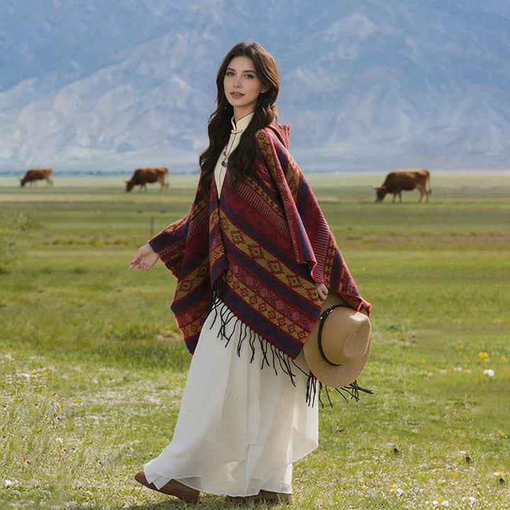 Buddha Stones Poncho con capucha, rayas geométricas y borlas para mujer, ideal para otoño e invierno. - image 14