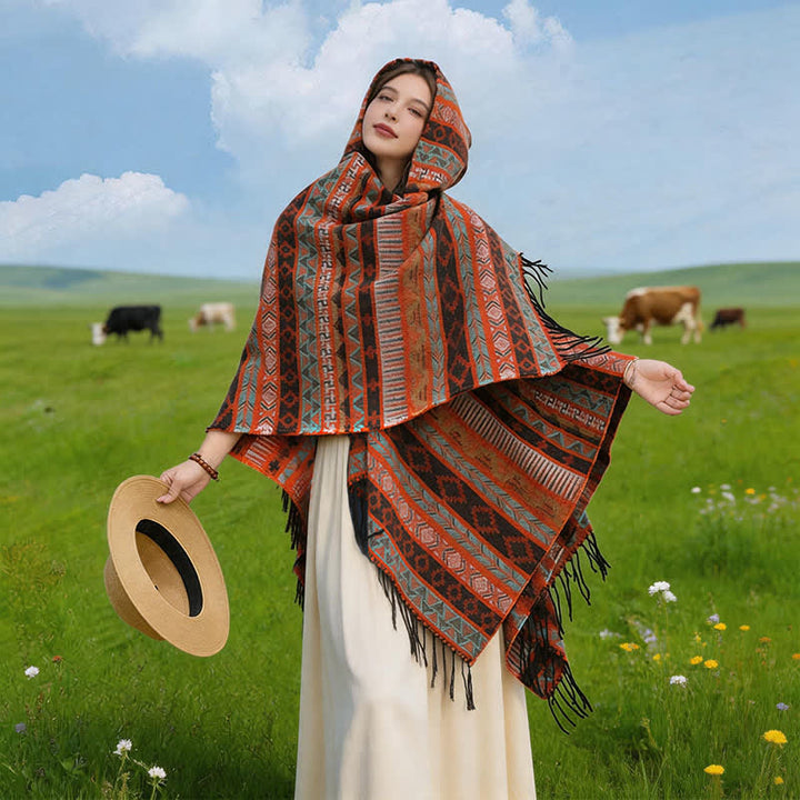 Buddha Stones Poncho con capucha, rayas geométricas y borlas para mujer, ideal para otoño e invierno. - Naranja - 140*159 cm - image 0