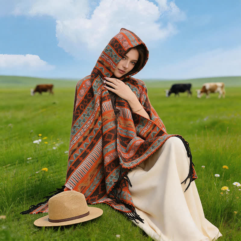 Buddha Stones Poncho con capucha, rayas geométricas y borlas para mujer, ideal para otoño e invierno. - image 3