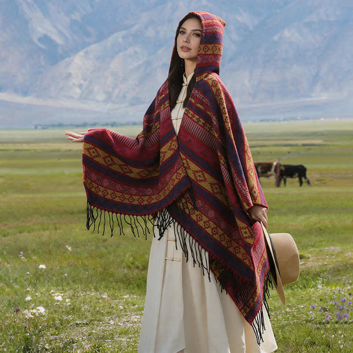 Buddha Stones Poncho con capucha, rayas geométricas y borlas para mujer, ideal para otoño e invierno. - image 13