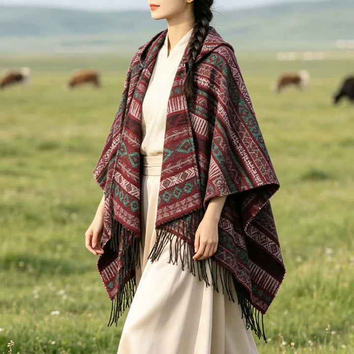 Buddha Stones Poncho con capucha, rayas geométricas y borlas para mujer, ideal para otoño e invierno. - image 23