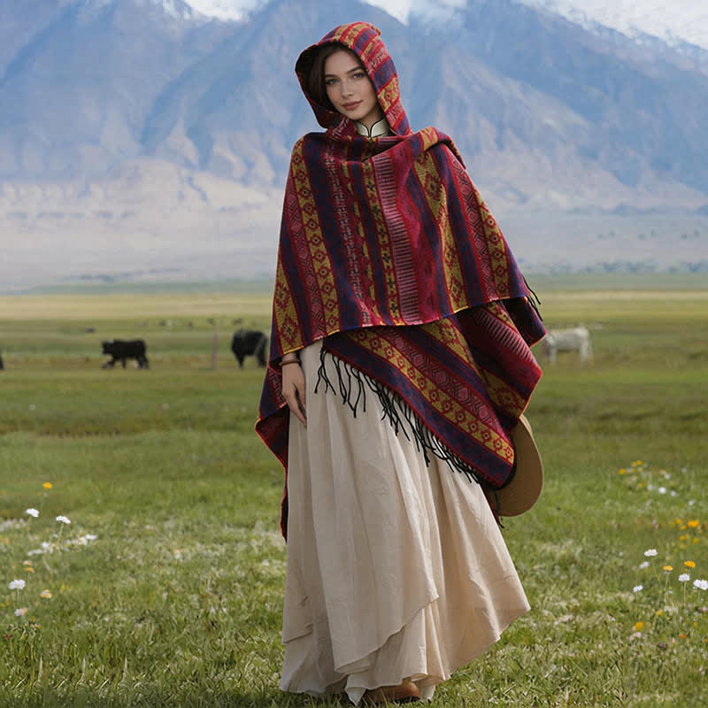 Buddha Stones Poncho con capucha, rayas geométricas y borlas para mujer, ideal para otoño e invierno. - image 12