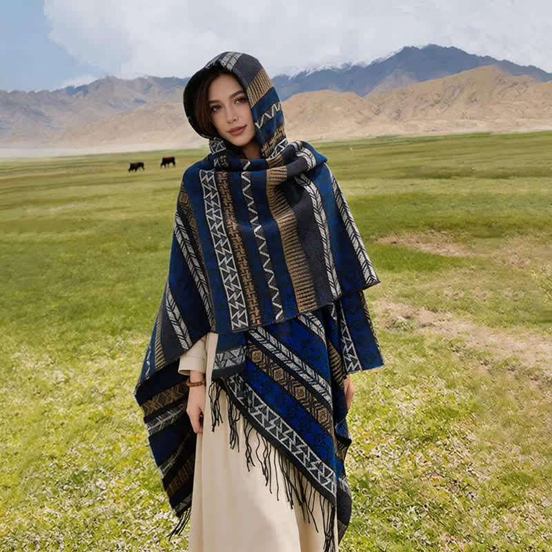Buddha Stones Poncho con capucha, rayas geométricas y borlas para mujer, ideal para otoño e invierno. - image 31