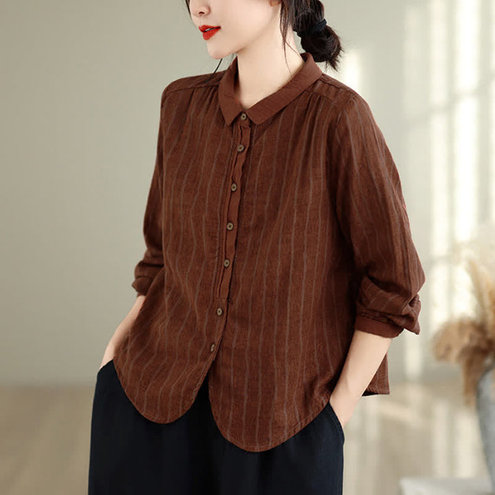 Buddha Stones Camisas de manga larga a rayas con botones, estilo vintage informal de otoño para mujer. - Tierra de siena - US12, UK/AU16, EU44 (3XL) - image 0