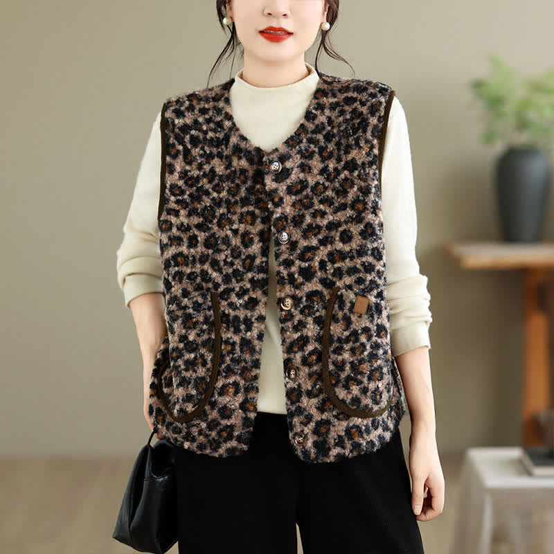 Buddha Stones Chaleco de mujer con estampado geométrico, botones y bolsillo, estilo casual vintage, ideal para otoño e invierno. - image 15