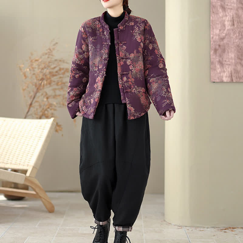 Buddha Stones Chaquetas de invierno elegantes de estilo Tang con estampado floral Pankou para mujer - image 8