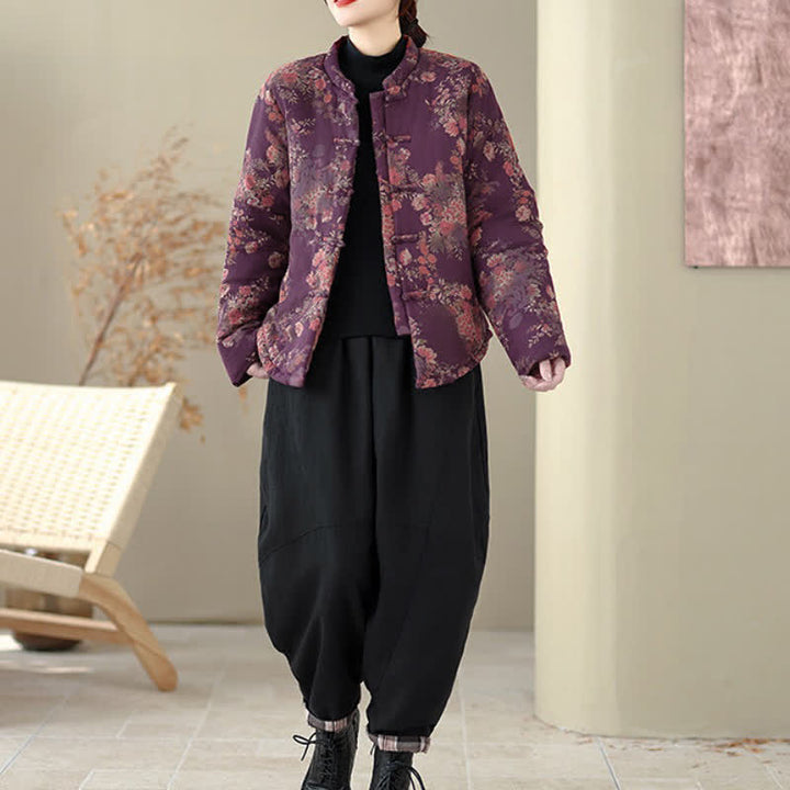 Buddha Stones Chaquetas de invierno elegantes de estilo Tang con estampado floral Pankou para mujer - image 8