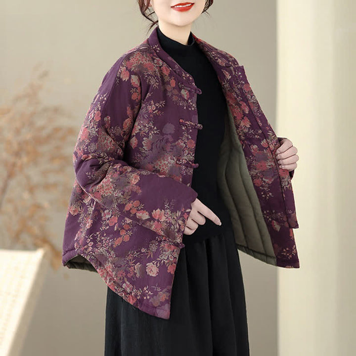 Buddha Stones Chaquetas de invierno elegantes de estilo Tang con estampado floral Pankou para mujer - image 4