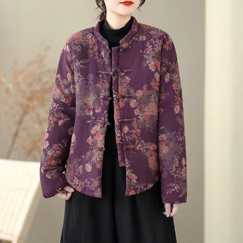 Buddha Stones Chaquetas de invierno elegantes de estilo Tang con estampado floral Pankou para mujer - image 7