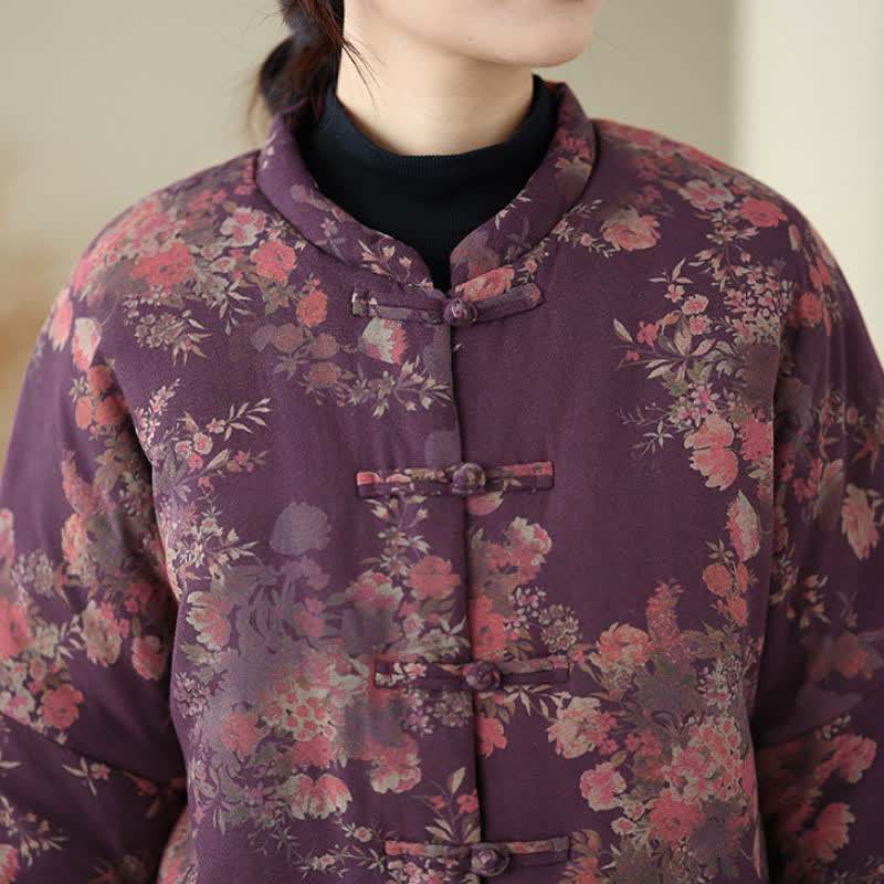 Buddha Stones Chaquetas de invierno elegantes de estilo Tang con estampado floral Pankou para mujer - image 10