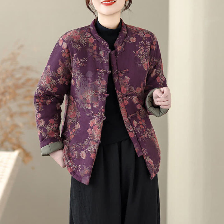 Buddha Stones Chaquetas de invierno elegantes de estilo Tang con estampado floral Pankou para mujer - image 6
