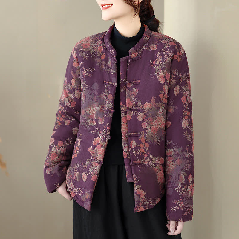 Buddha Stones Chaquetas de invierno elegantes de estilo Tang con estampado floral Pankou para mujer - image 1