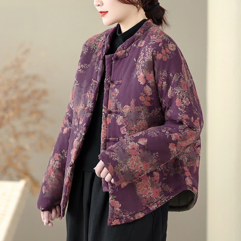 Buddha Stones Chaquetas de invierno elegantes de estilo Tang con estampado floral Pankou para mujer - image 2