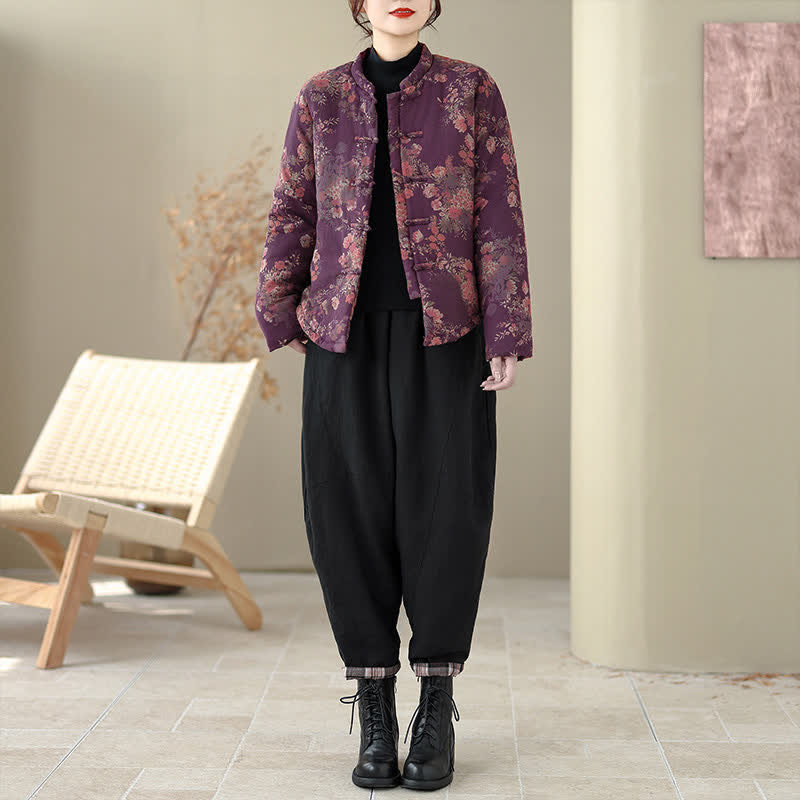 Buddha Stones Chaquetas de invierno elegantes de estilo Tang con estampado floral Pankou para mujer - image 9