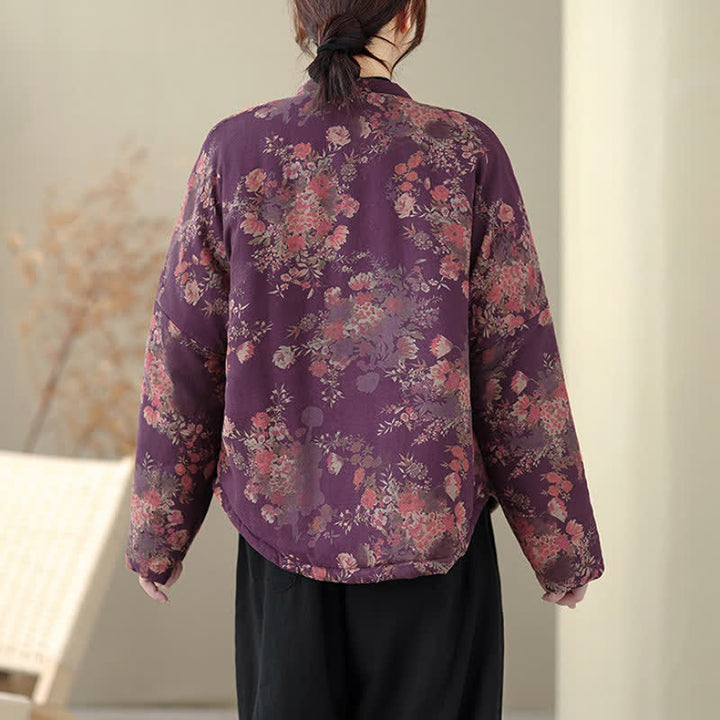 Buddha Stones Chaquetas de invierno elegantes de estilo Tang con estampado floral Pankou para mujer - image 3