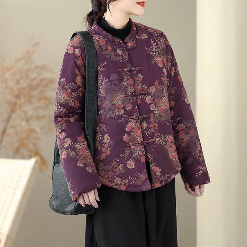 Buddha Stones Chaquetas de invierno elegantes de estilo Tang con estampado floral Pankou para mujer - image 5