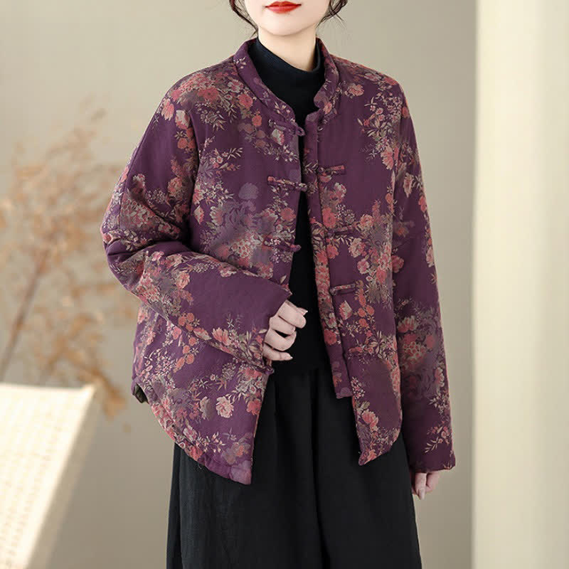 Buddha Stones Chaquetas de invierno elegantes de estilo Tang con estampado floral Pankou para mujer - Púrpura - US14, UK/AU18, EU46 (2XL) - image 0