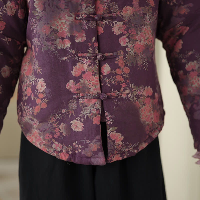 Buddha Stones Chaquetas de invierno elegantes de estilo Tang con estampado floral Pankou para mujer - image 11