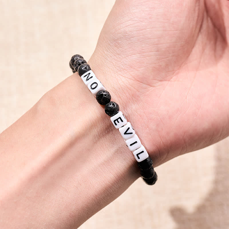 Buddha Stones Pulsera curativa con cuentas redondas y letras NO EVIL de roca de lava - image 3