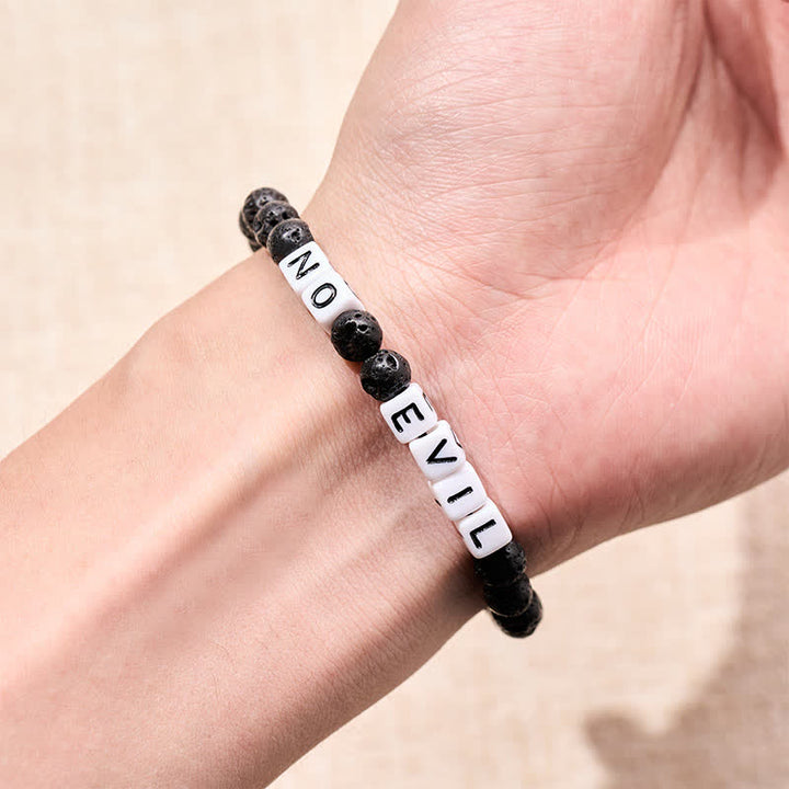 Buddha Stones Pulsera curativa con cuentas redondas y letras NO EVIL de roca de lava - image 3