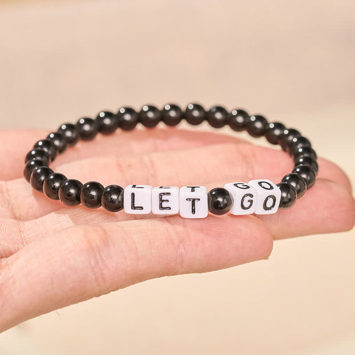 Buddha Stones Pulsera de cuentas de fuerza con letras de obsidiana negra "LET GO" - image 2