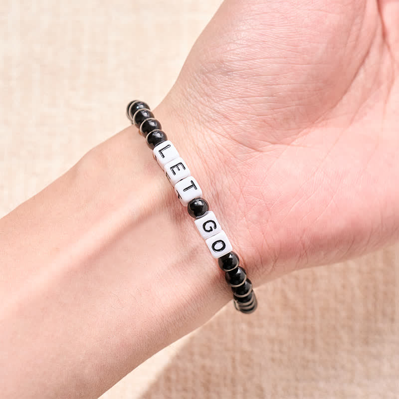 Buddha Stones Pulsera de cuentas de fuerza con letras de obsidiana negra "LET GO" - image 3