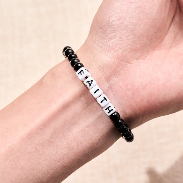 Buddha Stones Pulsera de purificación con cuentas de letras FAITH de obsidiana negra - image 3