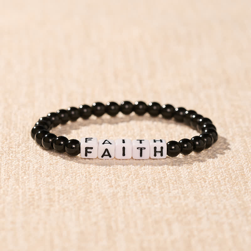 Buddha Stones Pulsera de purificación con cuentas de letras FAITH de obsidiana negra - image 1