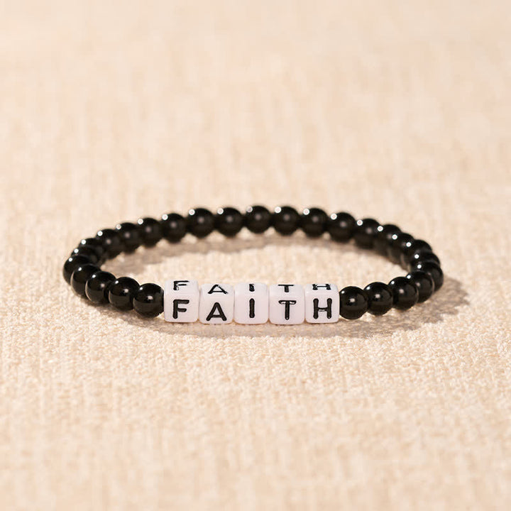 Buddha Stones Pulsera de purificación con cuentas de letras FAITH de obsidiana negra - image 1