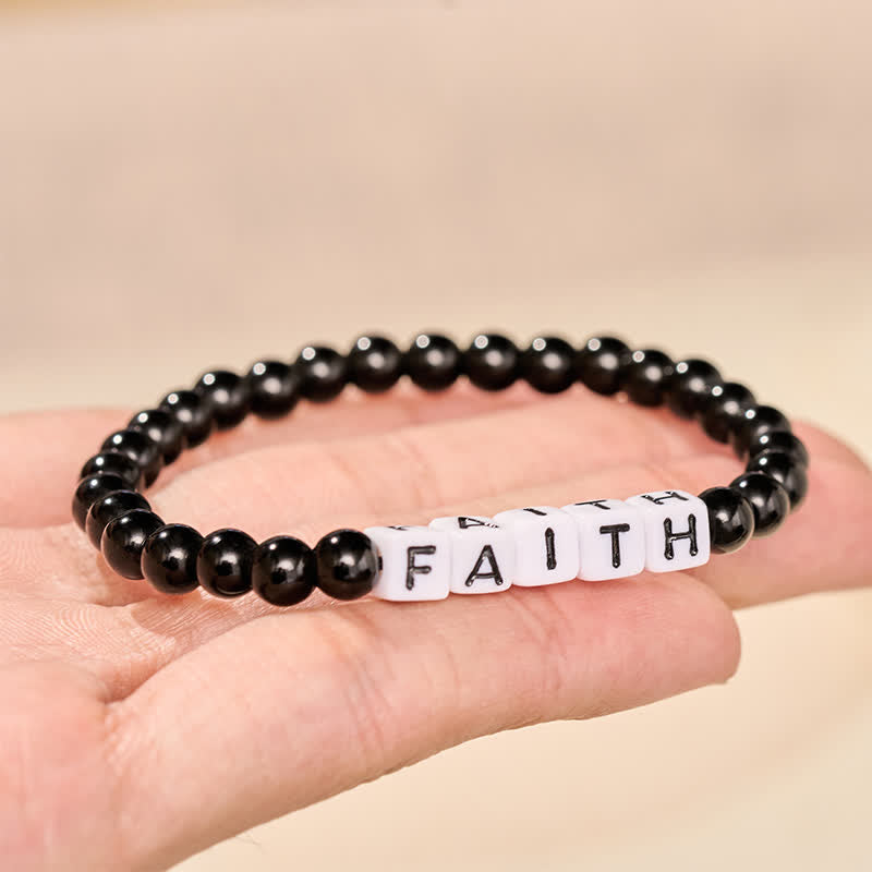 Buddha Stones Pulsera de purificación con cuentas de letras FAITH de obsidiana negra - image 2