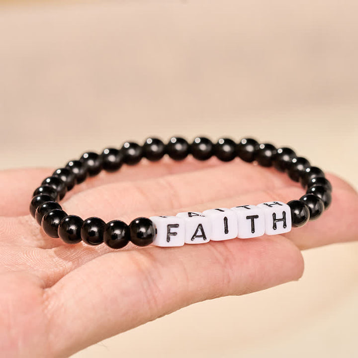 Buddha Stones Pulsera de purificación con cuentas de letras FAITH de obsidiana negra - image 2