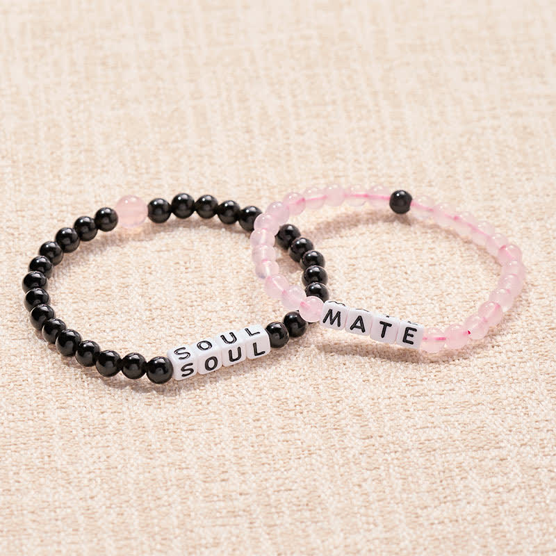 Buddha Stones Pulsera de obsidiana negra y cuarzo rosa con las letras SOUL & MATE para relaciones de pareja. - image 0