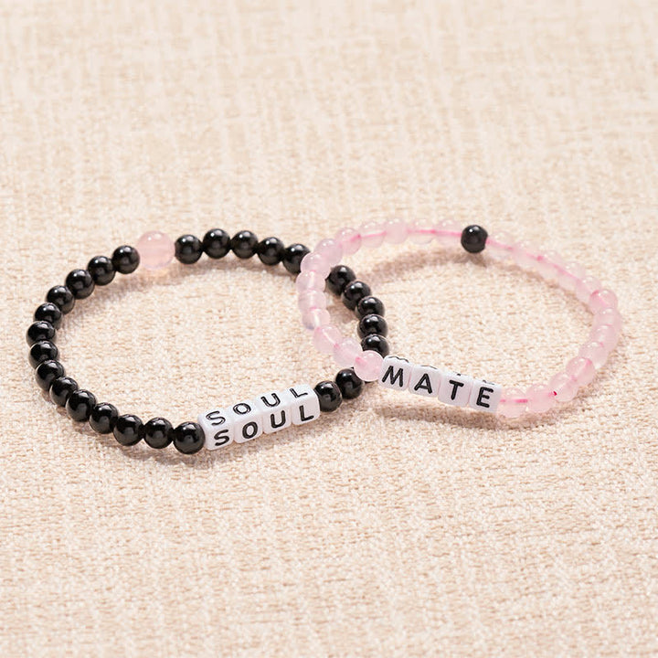 Buddha Stones Pulsera de obsidiana negra y cuarzo rosa con las letras SOUL & MATE para relaciones de pareja. - image 0
