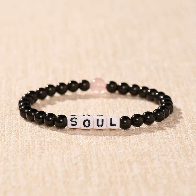 Buddha Stones Pulsera de obsidiana negra y cuarzo rosa con las letras SOUL & MATE para relaciones de pareja. - image 2