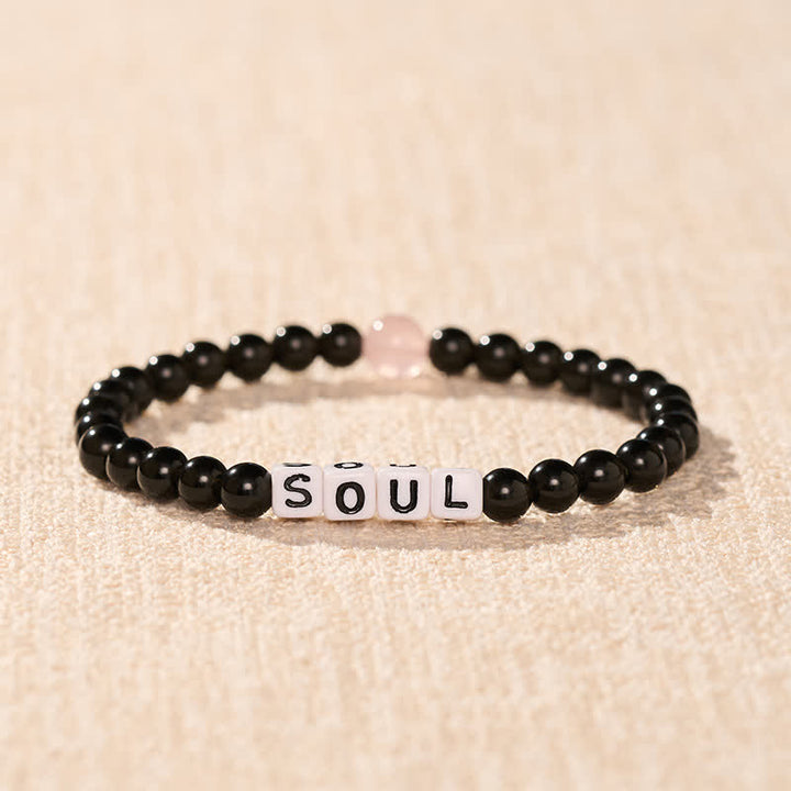 Buddha Stones Pulsera de obsidiana negra y cuarzo rosa con las letras SOUL & MATE para relaciones de pareja. - image 2