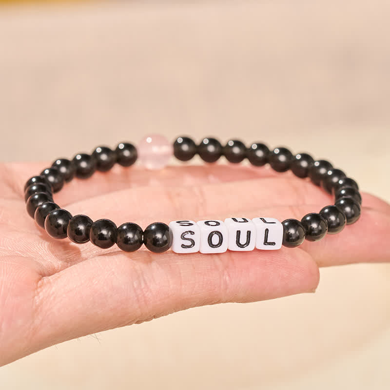 Buddha Stones Pulsera de obsidiana negra y cuarzo rosa con las letras SOUL & MATE para relaciones de pareja. - image 3