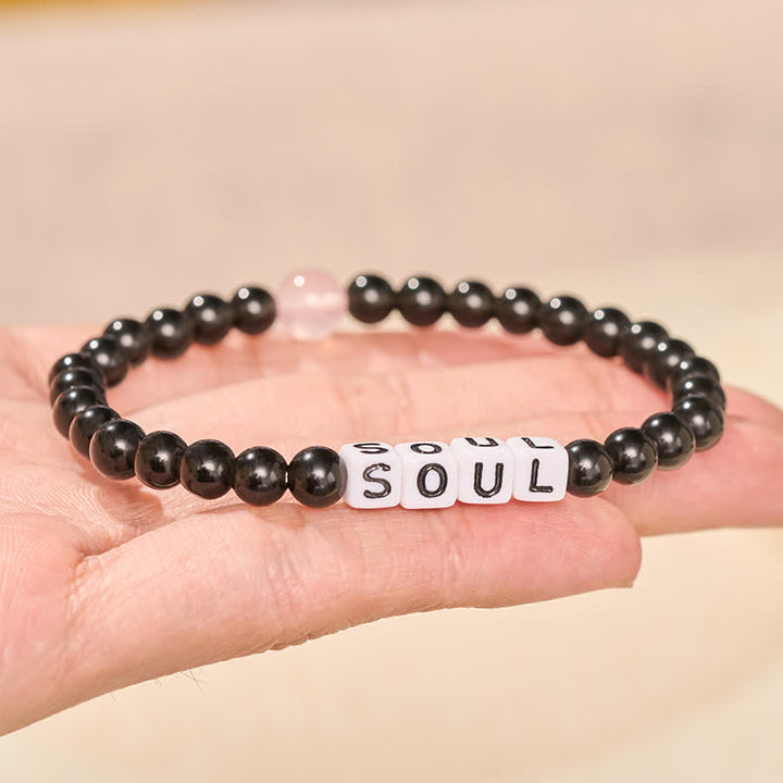 Buddha Stones Pulsera de obsidiana negra y cuarzo rosa con las letras SOUL & MATE para relaciones de pareja. - image 3