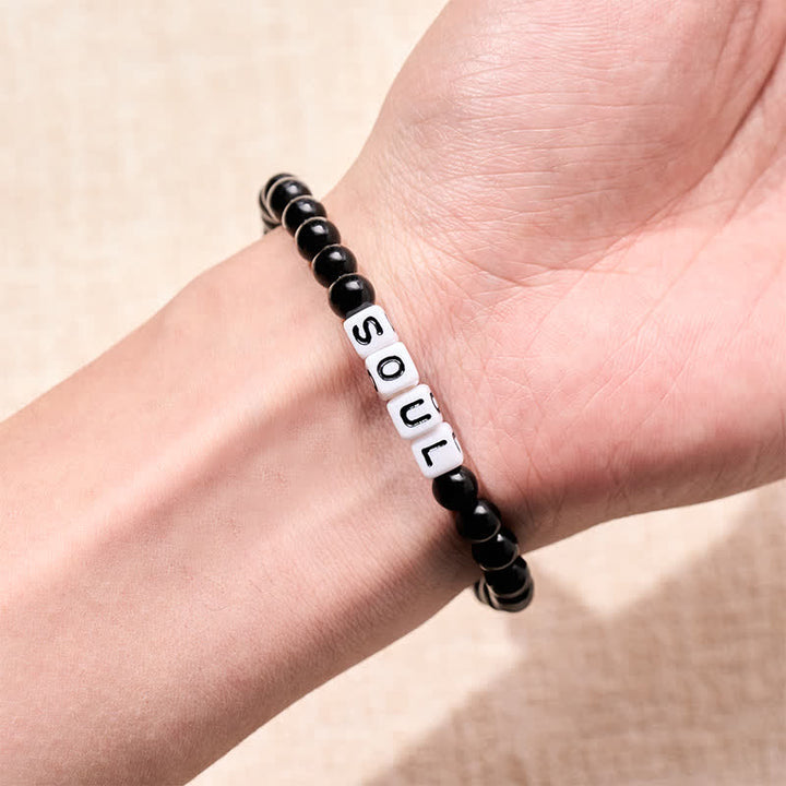 Buddha Stones Pulsera de obsidiana negra y cuarzo rosa con las letras SOUL & MATE para relaciones de pareja. - image 4