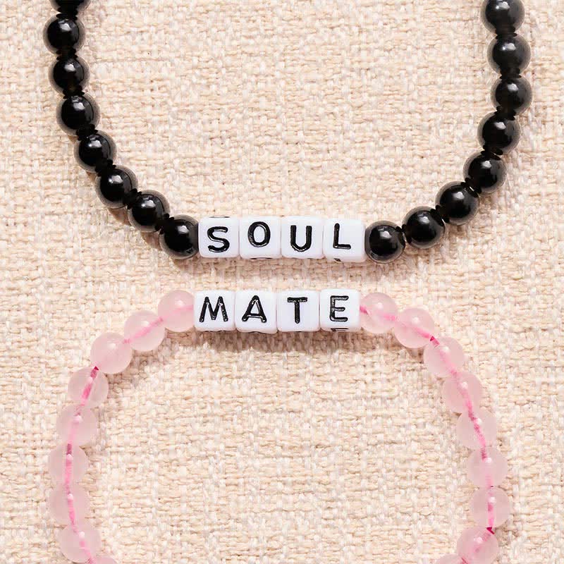 Buddha Stones Pulsera de obsidiana negra y cuarzo rosa con las letras SOUL & MATE para relaciones de pareja. - image 14