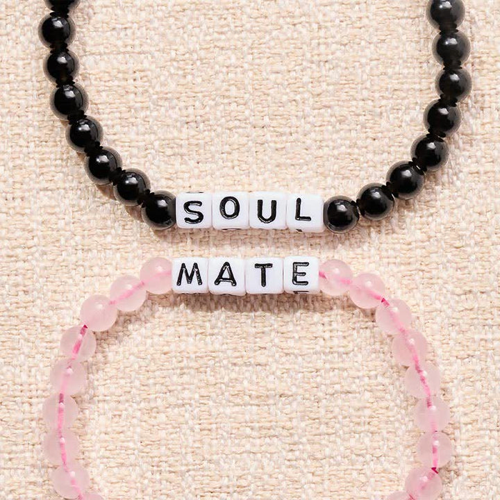 Buddha Stones Pulsera de obsidiana negra y cuarzo rosa con las letras SOUL & MATE para relaciones de pareja. - image 14