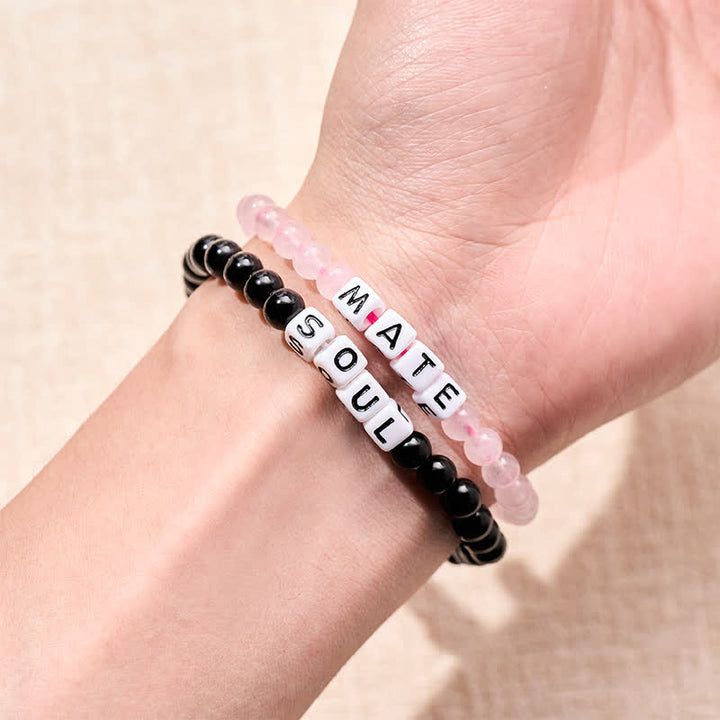 Buddha Stones Pulsera de obsidiana negra y cuarzo rosa con las letras SOUL & MATE para relaciones de pareja. - image 15