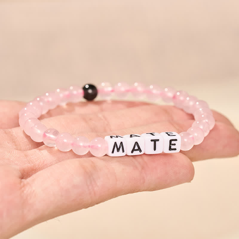 Buddha Stones Pulsera de obsidiana negra y cuarzo rosa con las letras SOUL & MATE para relaciones de pareja. - image 10