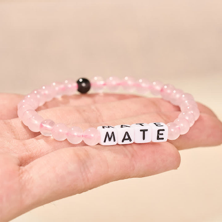 Buddha Stones Pulsera de obsidiana negra y cuarzo rosa con las letras SOUL & MATE para relaciones de pareja. - image 10