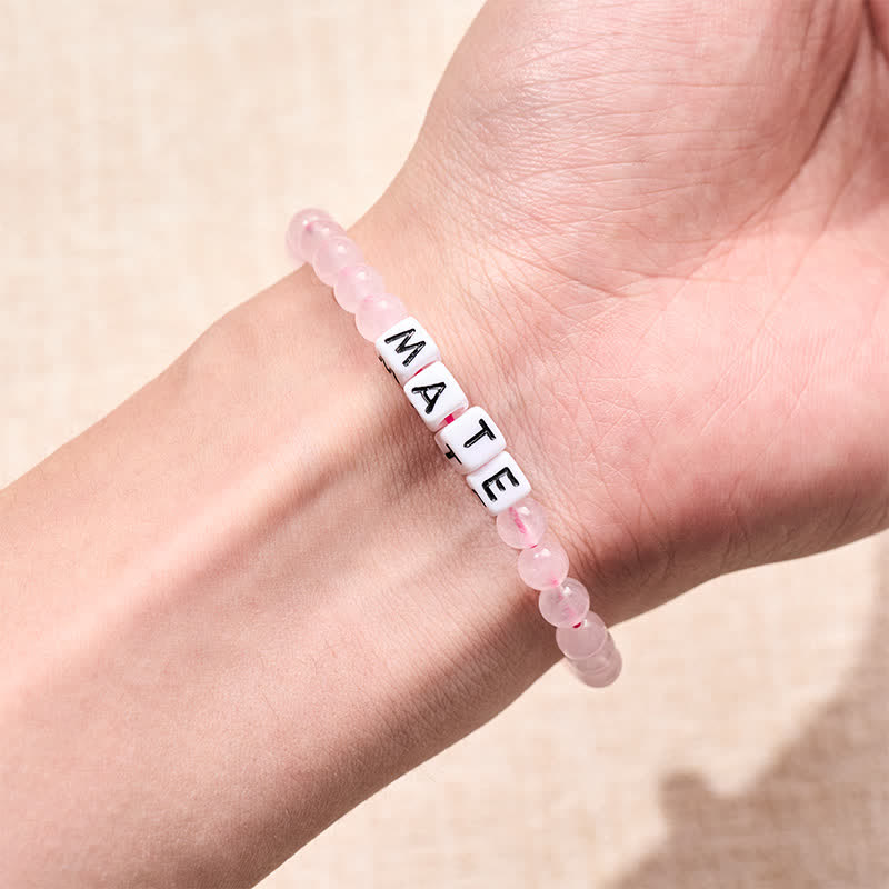 Buddha Stones Pulsera de obsidiana negra y cuarzo rosa con las letras SOUL & MATE para relaciones de pareja. - image 11